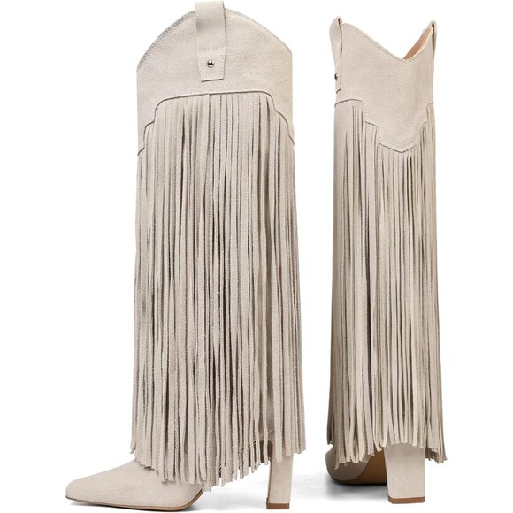 ⚡Women's Apricot Fashion Fringe Boots with Square Toe Chunky Heel Pull On Suede - Picture 2 of 5